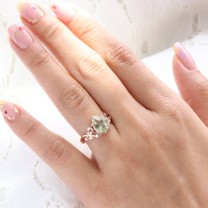 2.42 Ct Pear Sea Green Sapphire Ring in 14k Rose Gold Floral Leaf Diamond Size 6.75
