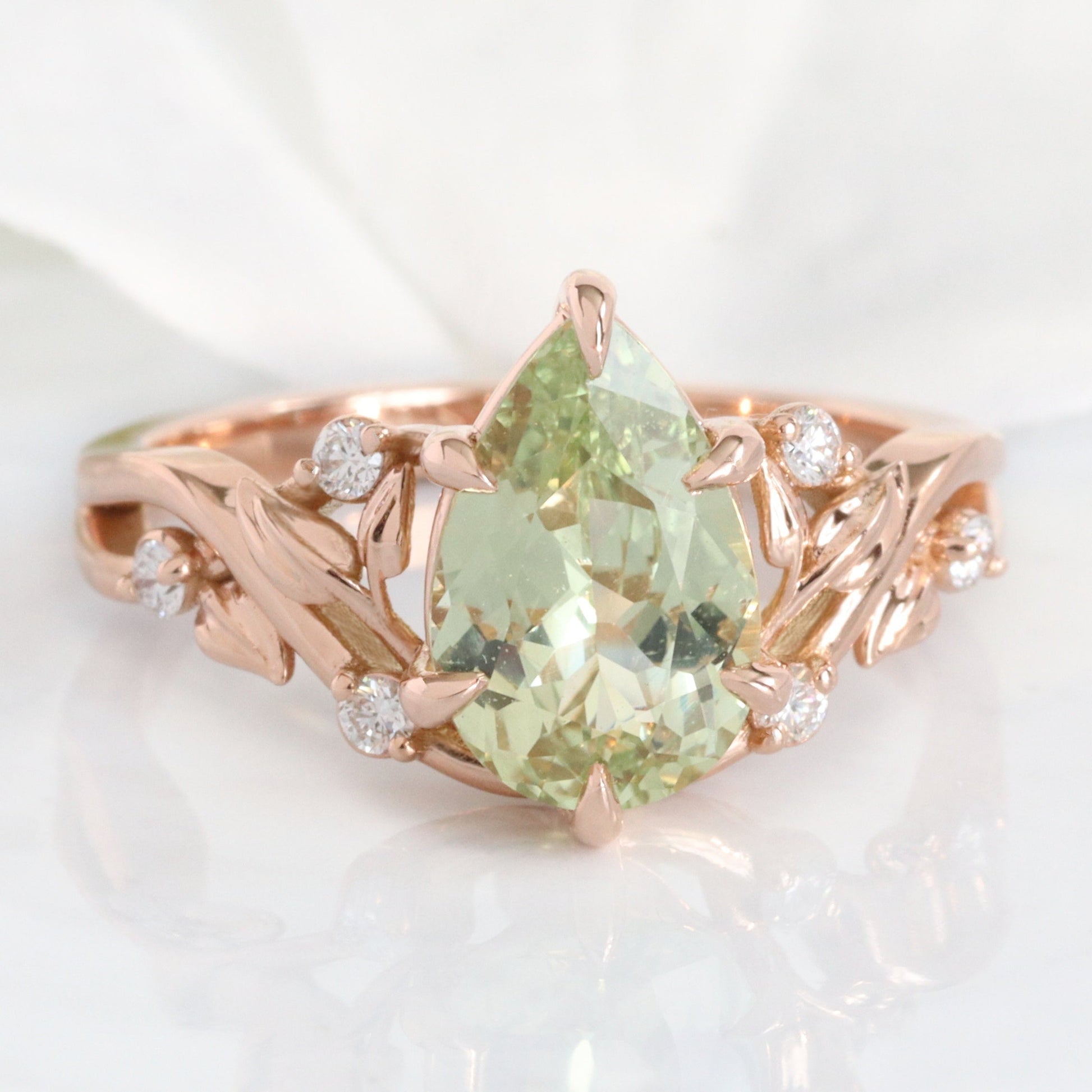 2.42 Ct Pear Sea Green Sapphire Ring in 14k Rose Gold Floral Leaf Diamond Size 6.75