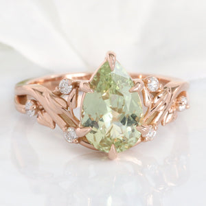 2.42 Ct Pear Sea Green Sapphire Ring in 14k Rose Gold Floral Leaf Diamond Size 6.75