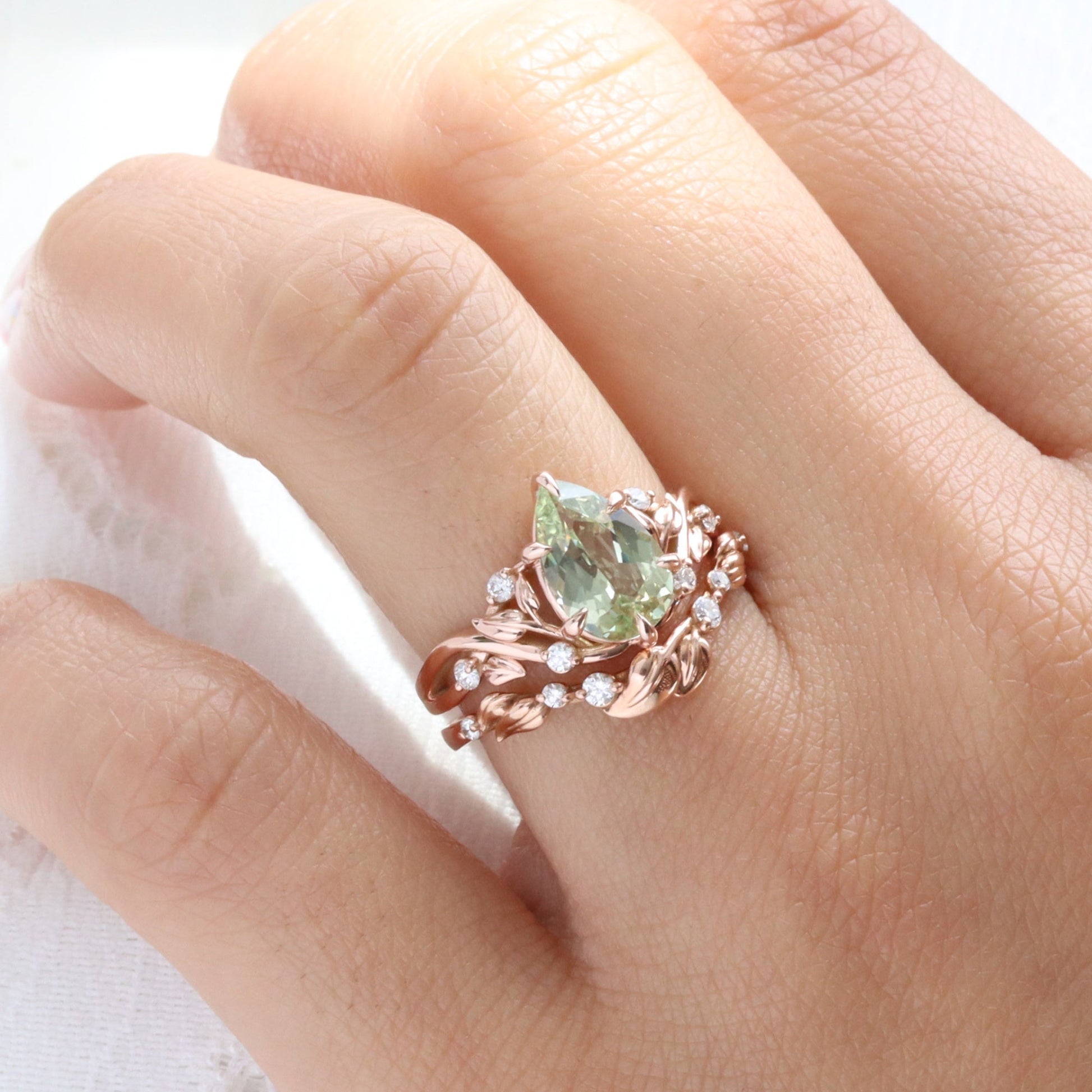 2.42 Ct Pear Sea Green Sapphire Ring in 14k Rose Gold Floral Leaf Diamond Size 6.75
