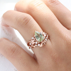 2.42 Ct Pear Sea Green Sapphire Ring in 14k Rose Gold Floral Leaf Diamond Size 6.75