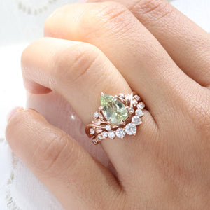 2.42 Ct Pear Sea Green Sapphire Ring in 14k Rose Gold Floral Leaf Diamond Size 6.75