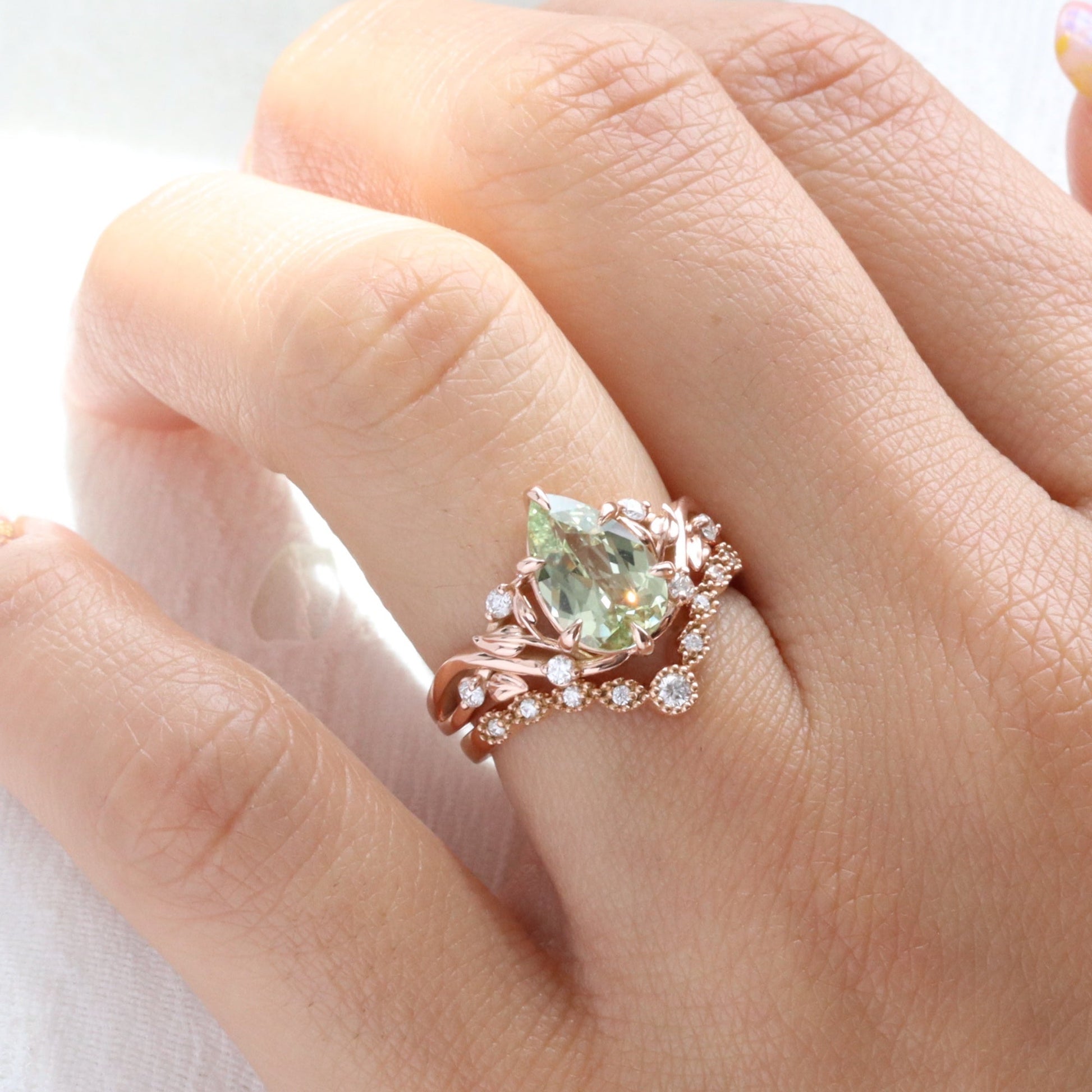 2.42 Ct Pear Sea Green Sapphire Ring in 14k Rose Gold Floral Leaf Diamond Size 6.75