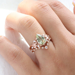 2.42 Ct Pear Sea Green Sapphire Ring in 14k Rose Gold Floral Leaf Diamond Size 6.75
