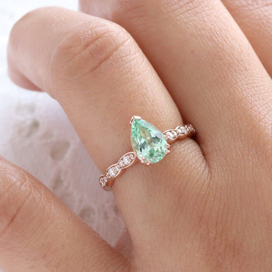 Pear Green Sapphire Solitaire Ring in 14k Rose Gold Diamond Band, Size 6