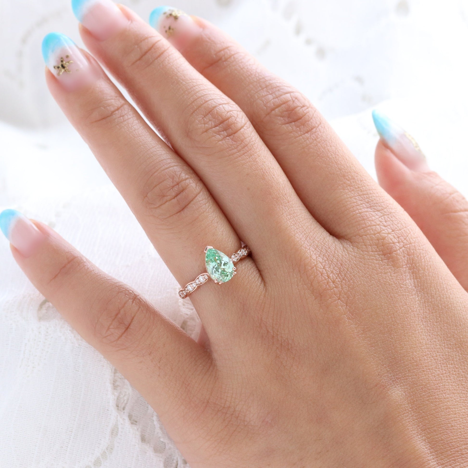 Pear Green Sapphire Solitaire Ring in 14k Rose Gold Diamond Band, Size 6