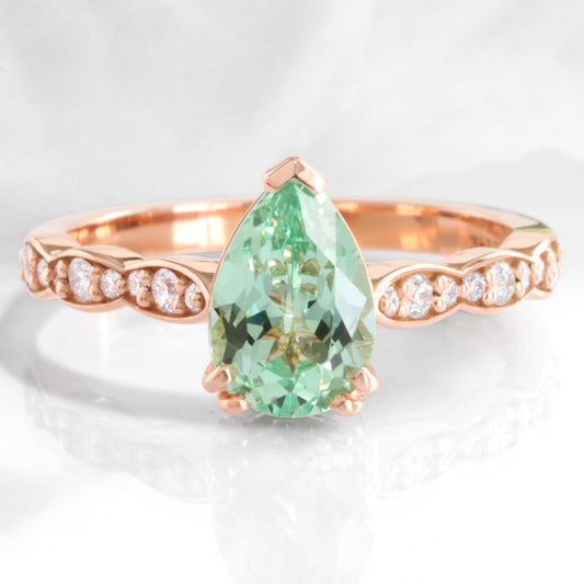 Pear Green Sapphire Solitaire Ring in 14k Rose Gold Diamond Band, Size 6