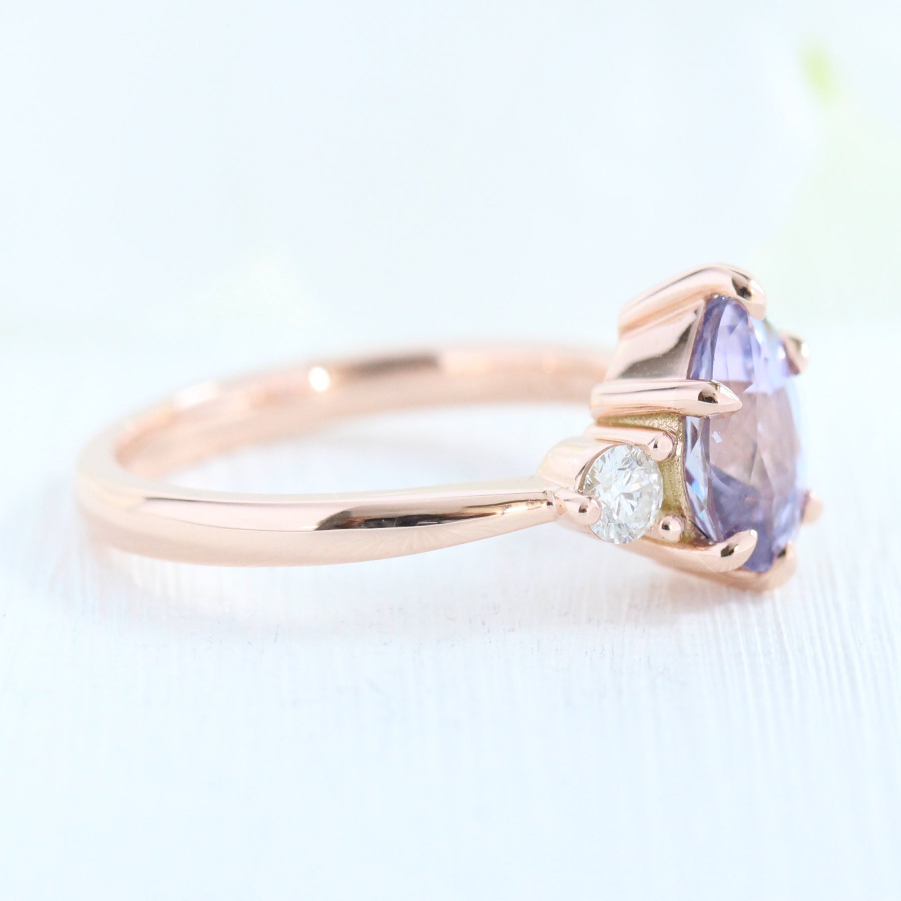 1.98 Ct Pear Lavender Sapphire Ring in 14k Rose Gold 3 Stone Diamond Ring, Size 6