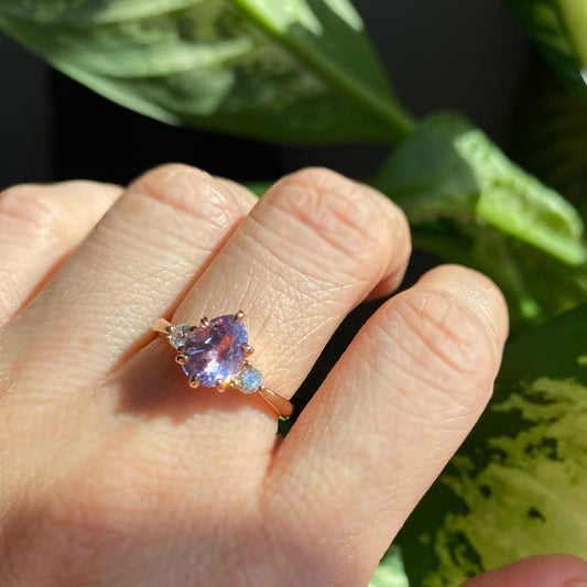 1.98 Ct Pear Lavender Sapphire Ring in 14k Rose Gold 3 Stone Diamond Ring, Size 6