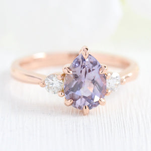 1.98 Ct Pear Lavender Sapphire Ring in 14k Rose Gold 3 Stone Diamond Ring, Size 6