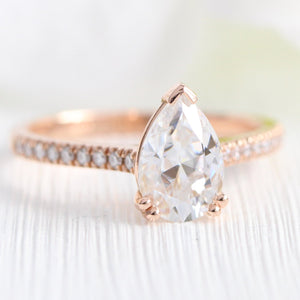 Grace Solitaire Pear Pave Ring Bridal Set w/ Moissanite and 4 Prong Diamond Band