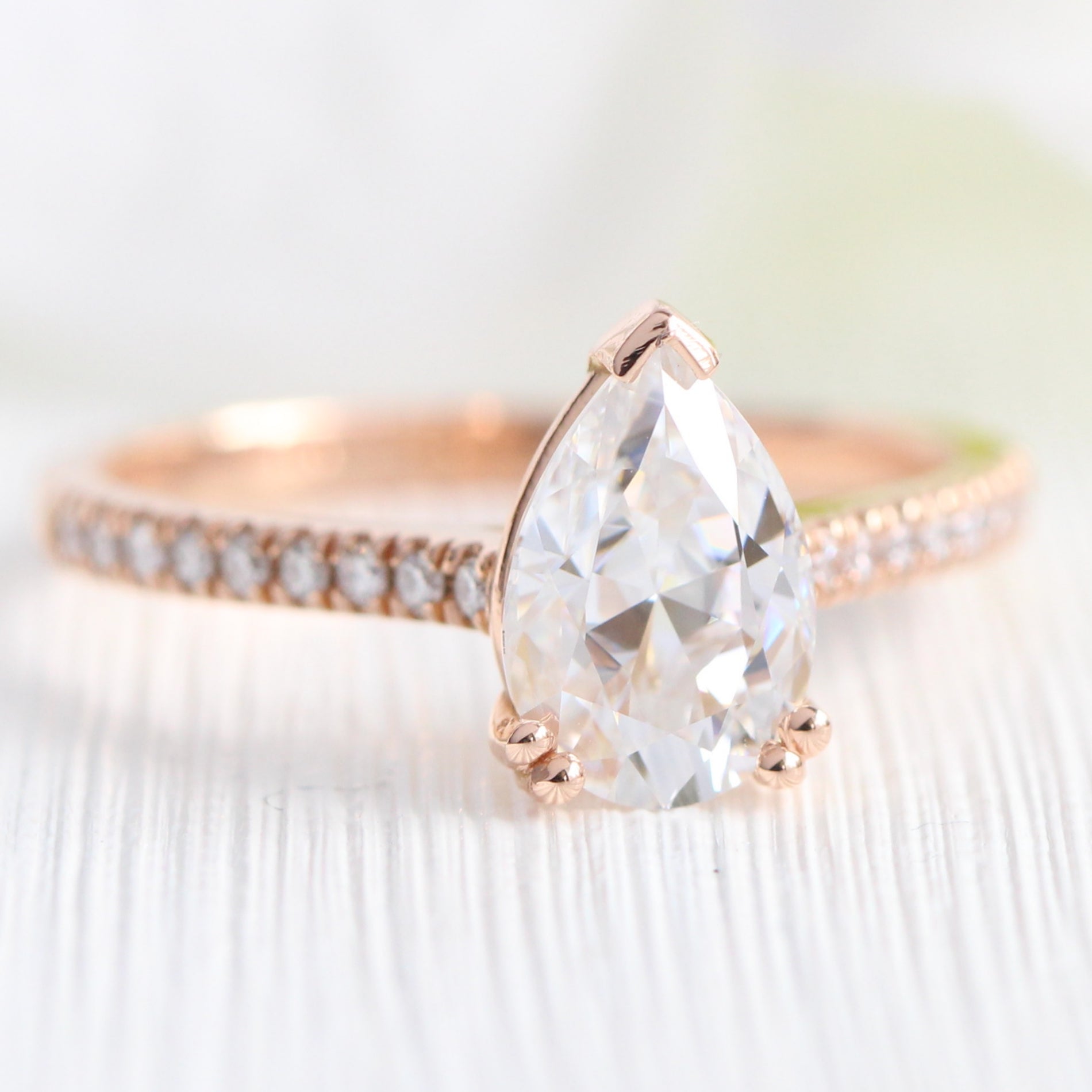 Grace Solitaire Pear Pave Ring Bridal Set w/ Moissanite and Crown Diamond Wedding Band
