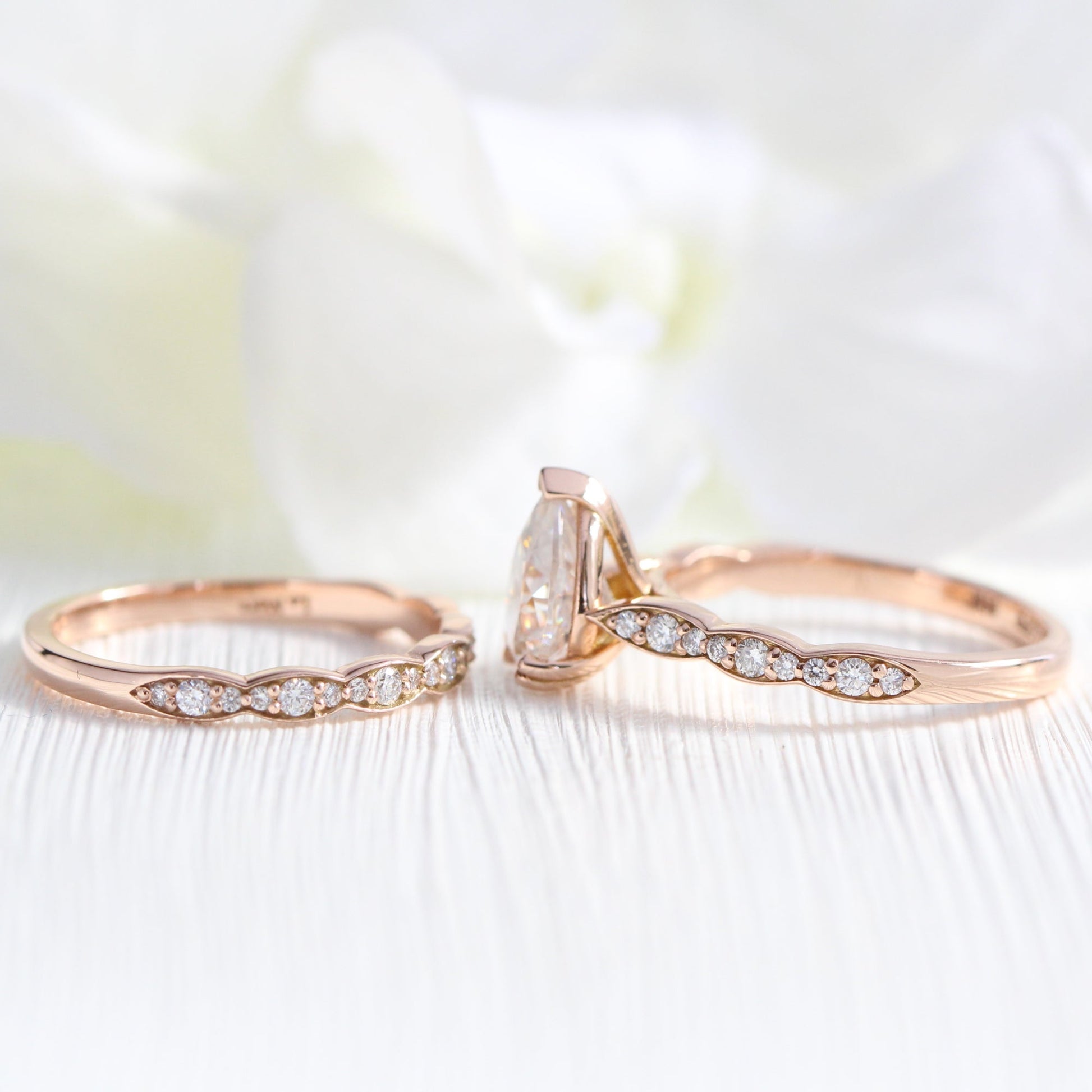 Grace Solitaire Pear Bridal Ring Set w/ Moissanite and Matching Diamond Band