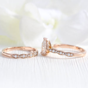 Grace Solitaire Pear Bridal Ring Set w/ Moissanite and Matching Diamond Band