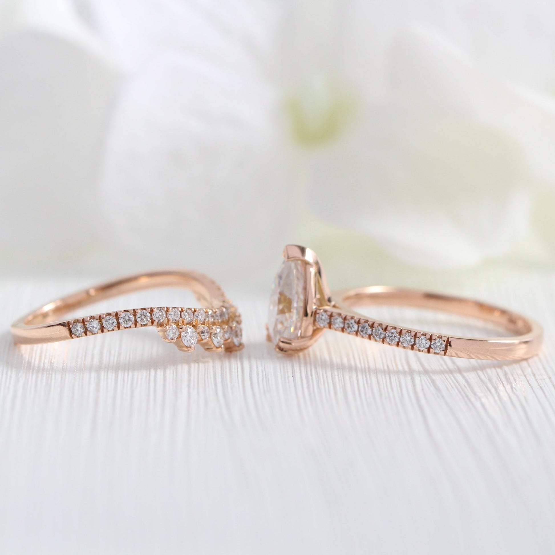 Grace Solitaire Pear Pave Ring Bridal Set w/ Moissanite and Crown Diamond Wedding Band