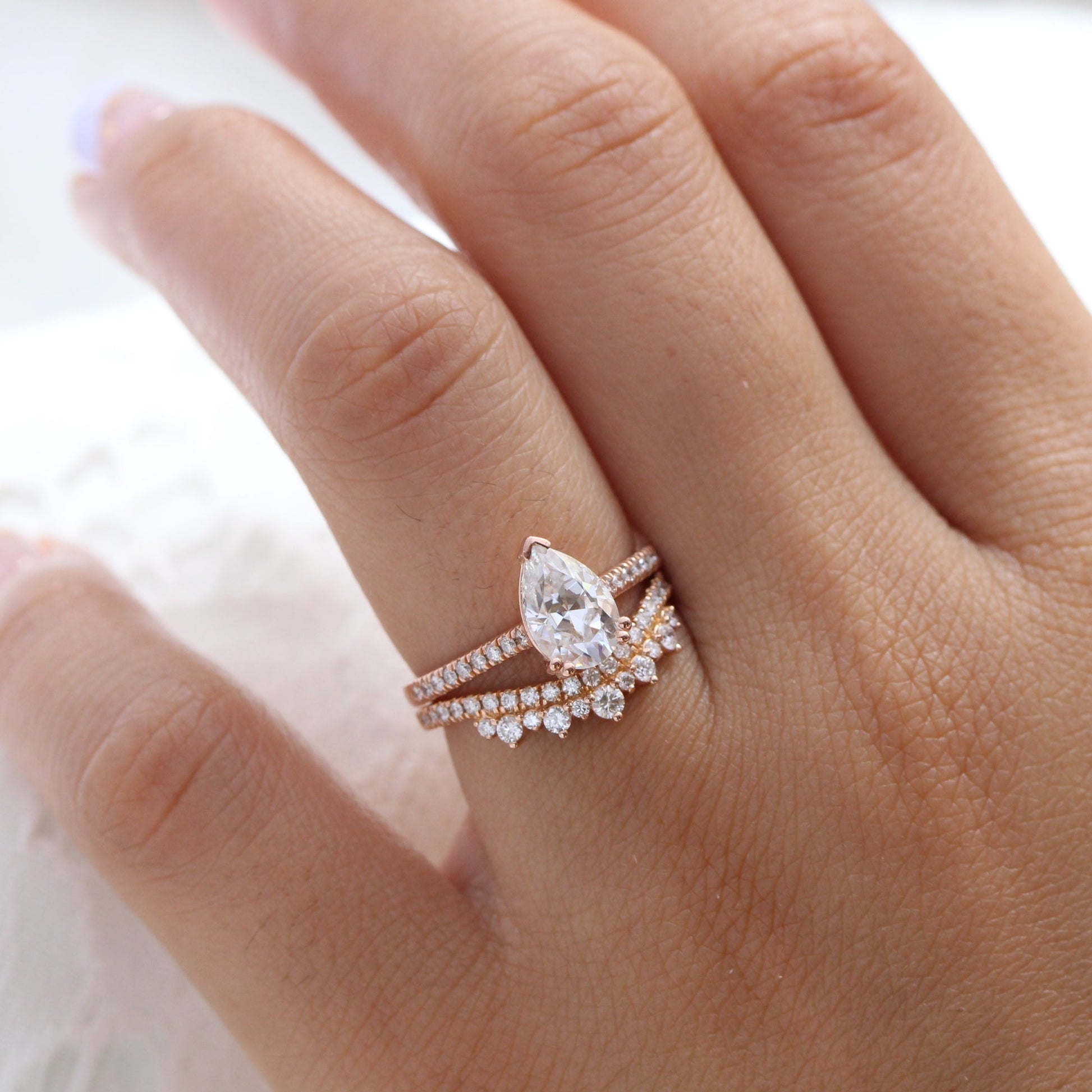 Grace Solitaire Pear Pave Ring Bridal Set w/ Moissanite and Crown Diamond Wedding Band