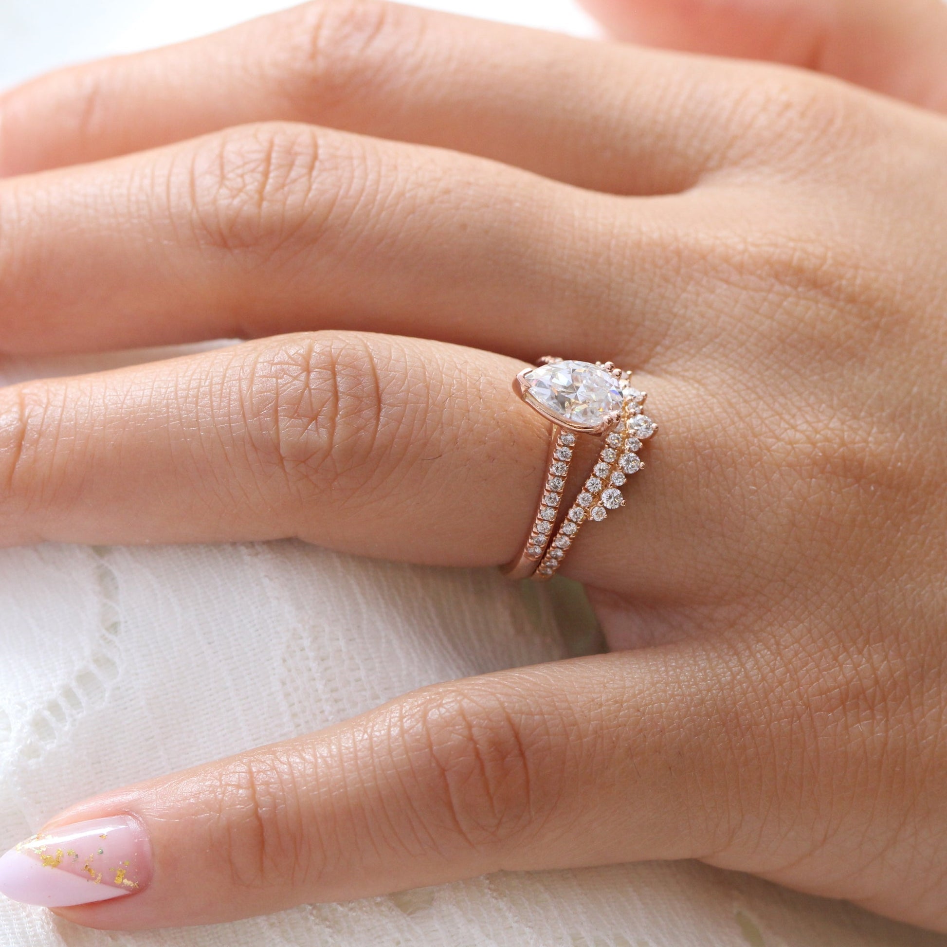 Grace Solitaire Pear Pave Ring Bridal Set w/ Moissanite and Crown Diamond Wedding Band