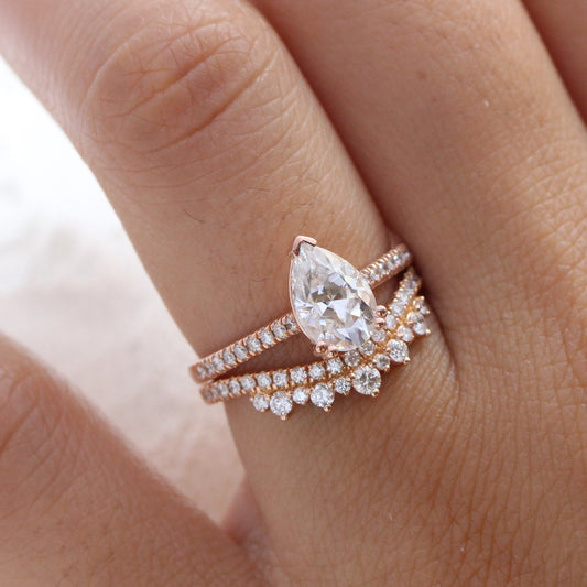 Grace Solitaire Pear Pave Ring Bridal Set w/ Moissanite and Crown Diamond Wedding Band