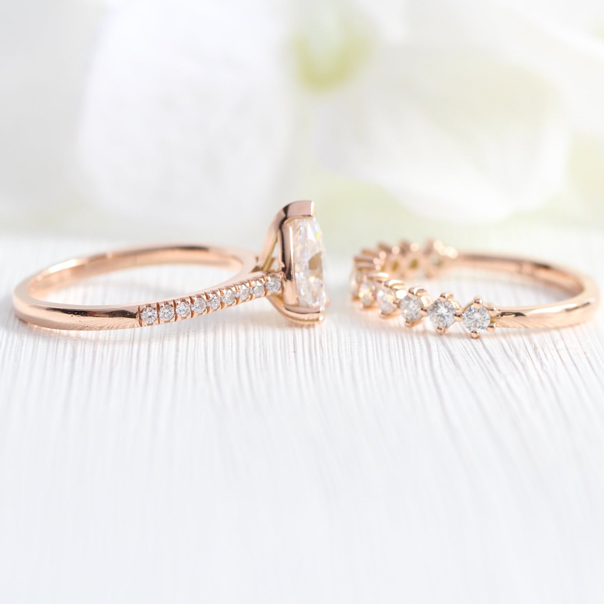 Grace Solitaire Pear Pave Ring Bridal Set w/ Moissanite and 4 Prong Diamond Band