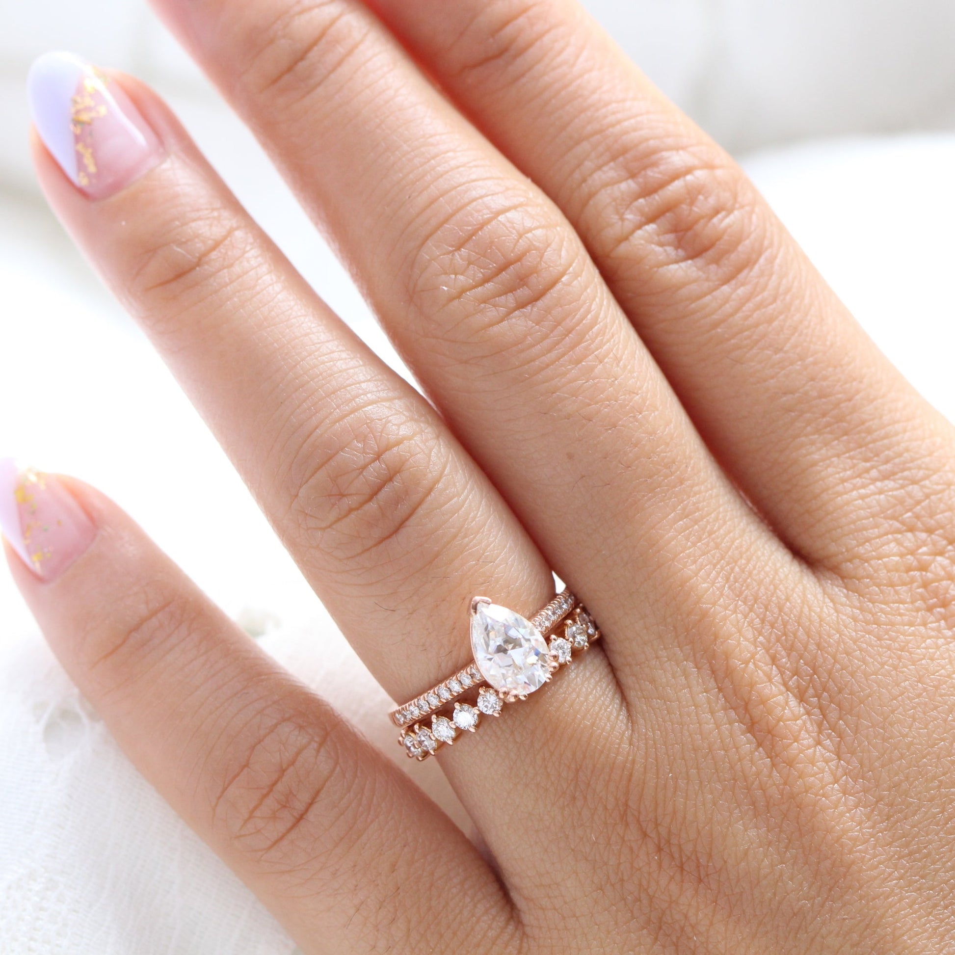 Grace Solitaire Pear Pave Ring Bridal Set w/ Moissanite and 4 Prong Diamond Band