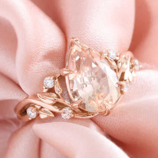 2.92 Ct Pear Morganite Diamond Ring in 14k Rose Gold Floral Leaf Band Size 6.75