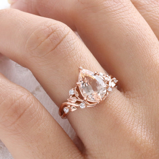 2.92 Ct Pear Morganite Diamond Ring in 14k Rose Gold Floral Leaf Band Size 6.75