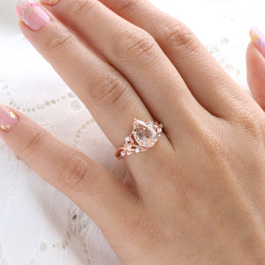 2.92 Ct Pear Morganite Diamond Ring in 14k Rose Gold Floral Leaf Band Size 6.75