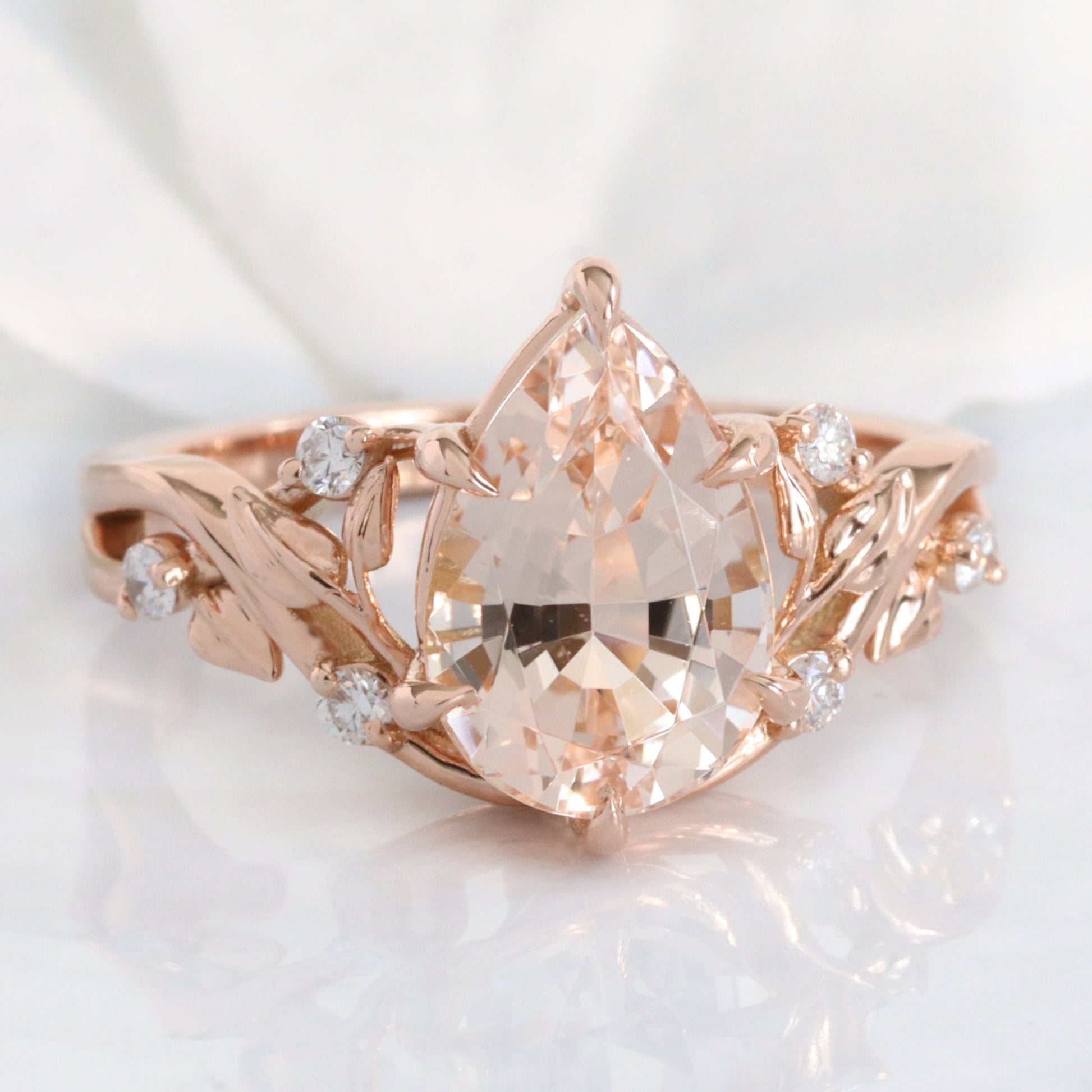 2.92 Ct Pear Morganite Diamond Ring in 14k Rose Gold Floral Leaf Band Size 6.75
