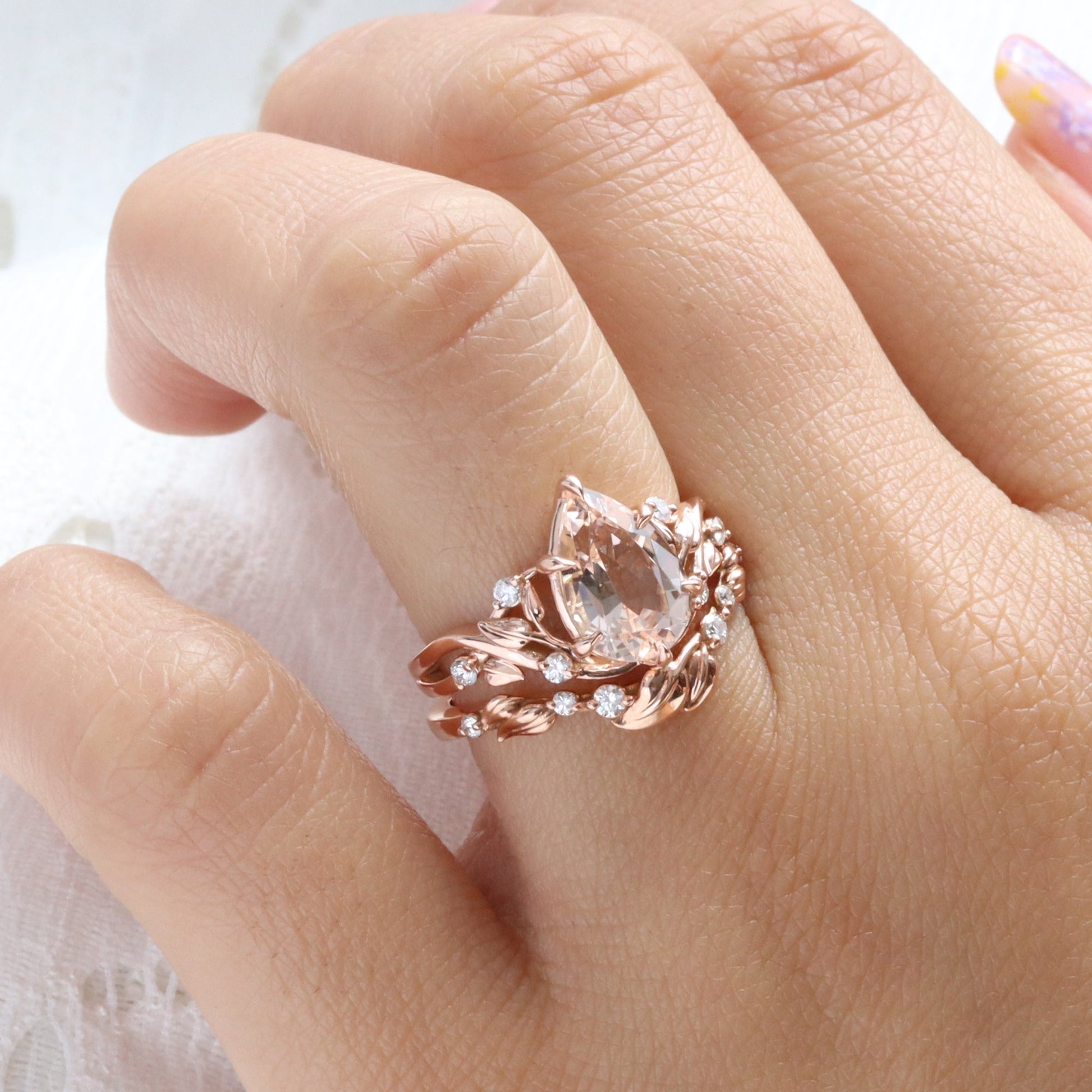2.92 Ct Pear Morganite Diamond Ring in 14k Rose Gold Floral Leaf Band Size 6.75