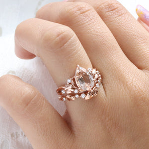 2.92 Ct Pear Morganite Diamond Ring in 14k Rose Gold Floral Leaf Band Size 6.75