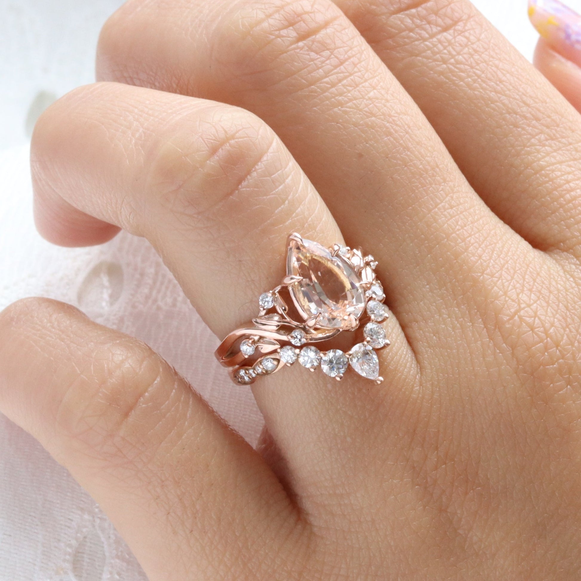 2.92 Ct Pear Morganite Diamond Ring in 14k Rose Gold Floral Leaf Band Size 6.75