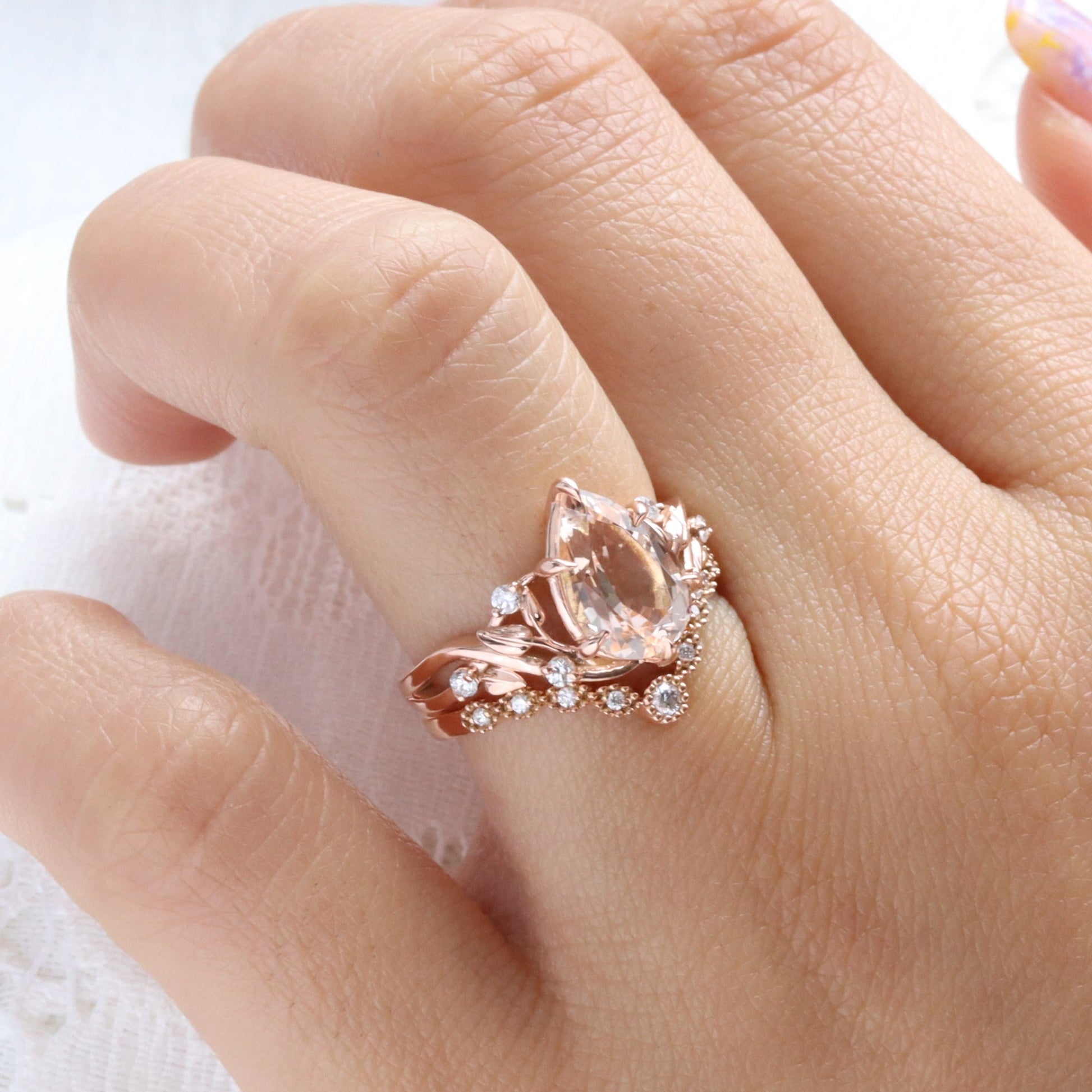 2.92 Ct Pear Morganite Diamond Ring in 14k Rose Gold Floral Leaf Band Size 6.75