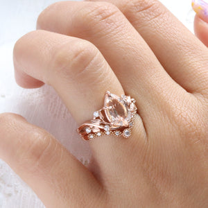 2.92 Ct Pear Morganite Diamond Ring in 14k Rose Gold Floral Leaf Band Size 6.75