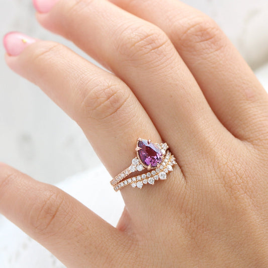 1.88 Ct. Pear Pinkish Purple Sapphire Ring in 14k Rose Gold Vintage 3 Diamond Band, Size 6.5