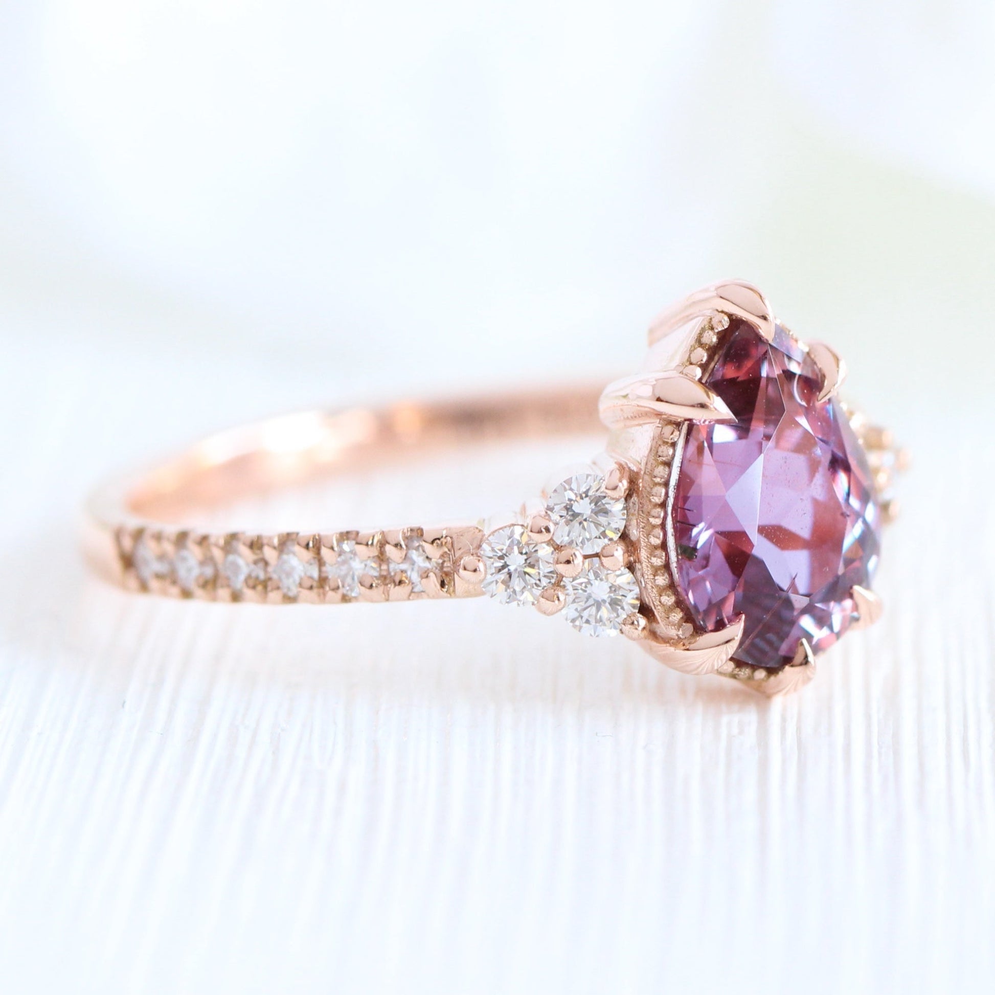 1.88 Ct. Pear Pinkish Purple Sapphire Ring in 14k Rose Gold Vintage 3 Diamond Band, Size 6.5