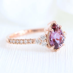1.88 Ct. Pear Pinkish Purple Sapphire Ring in 14k Rose Gold Vintage 3 Diamond Band, Size 6.5
