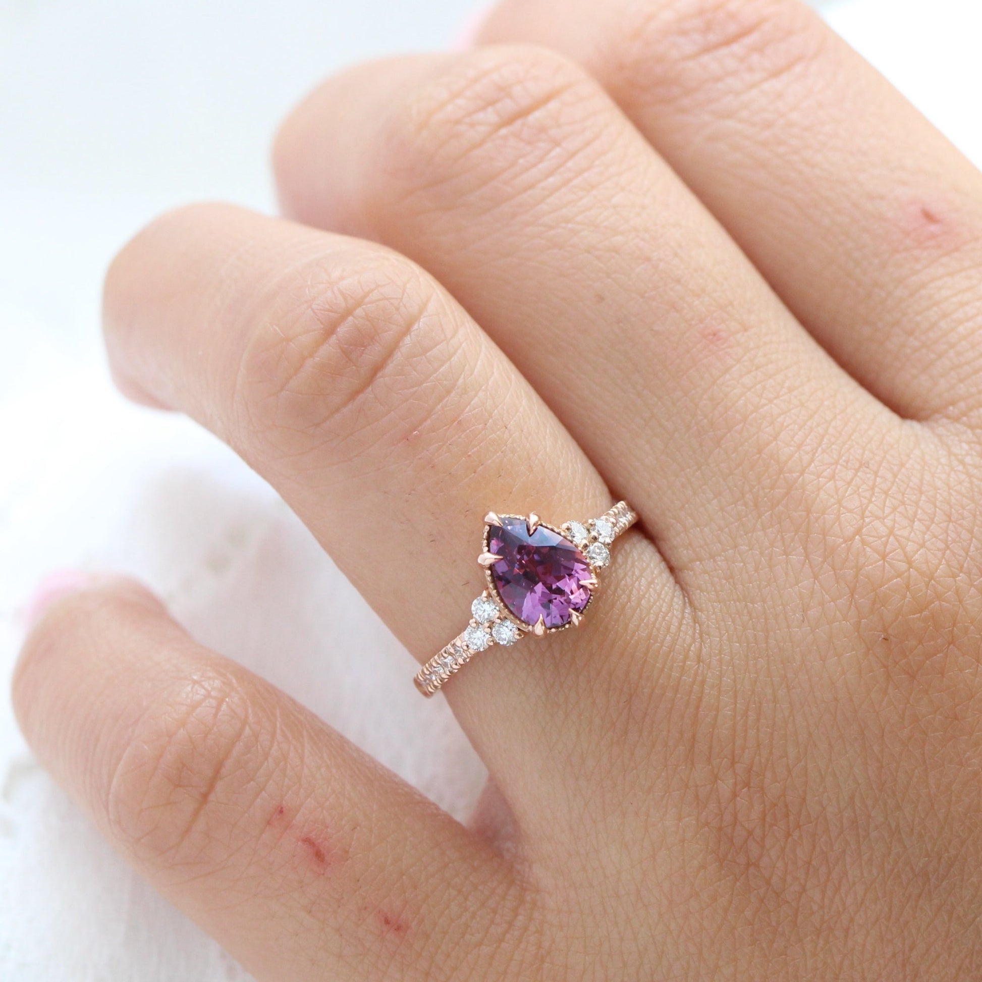 1.88 Ct. Pear Pinkish Purple Sapphire Ring in 14k Rose Gold Vintage 3 Diamond Band, Size 6.5