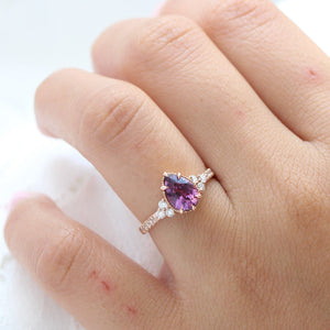 1.88 Ct. Pear Pinkish Purple Sapphire Ring in 14k Rose Gold Vintage 3 Diamond Band, Size 6.5