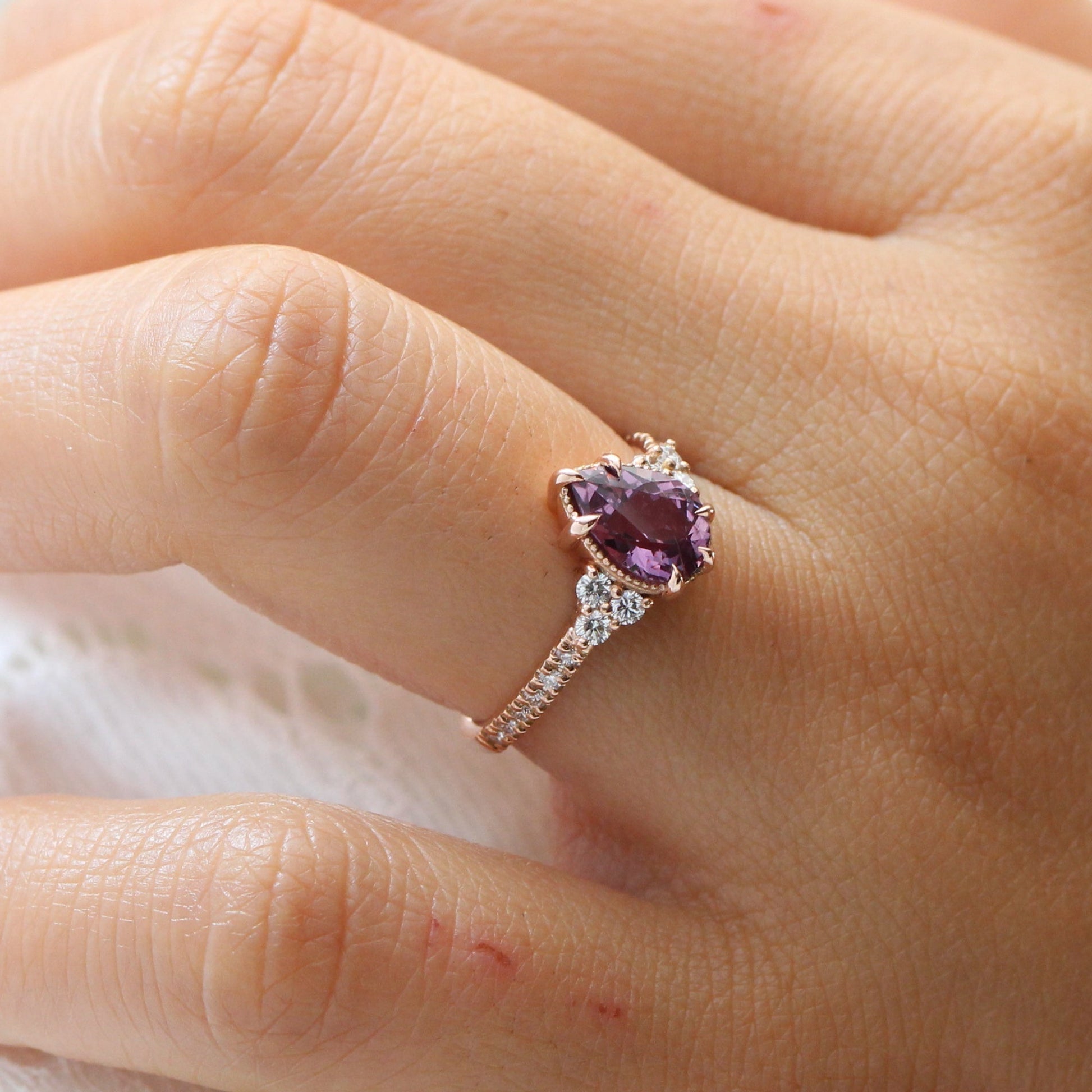 1.88 Ct. Pear Pinkish Purple Sapphire Ring in 14k Rose Gold Vintage 3 Diamond Band, Size 6.5