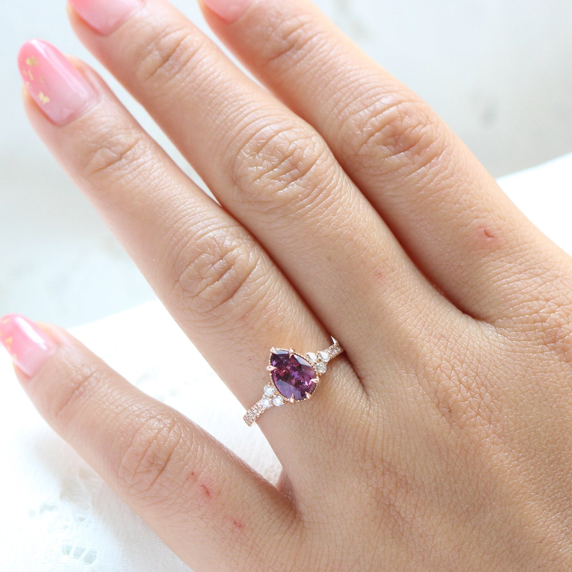 1.88 Ct. Pear Pinkish Purple Sapphire Ring in 14k Rose Gold Vintage 3 Diamond Band, Size 6.5