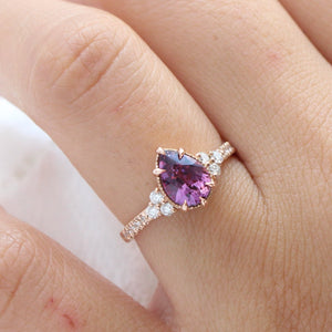 1.88 Ct. Pear Pinkish Purple Sapphire Ring in 14k Rose Gold Vintage 3 Diamond Band, Size 6.5