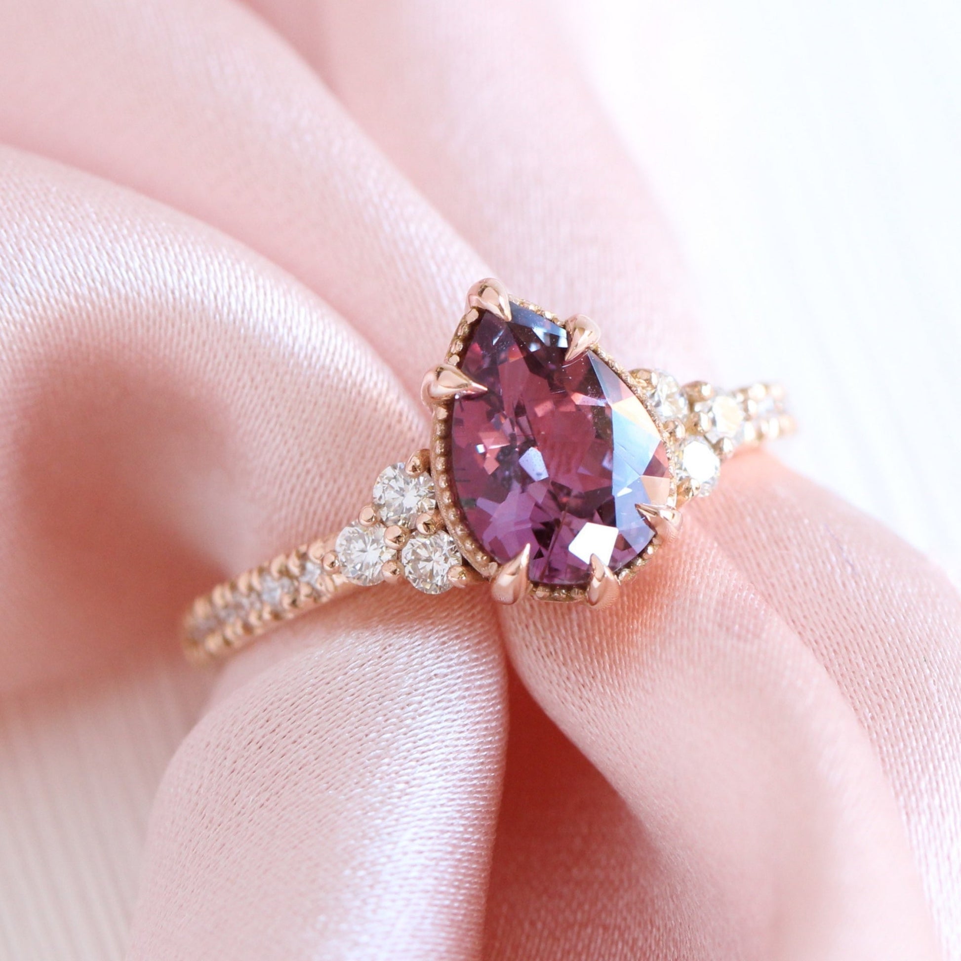1.88 Ct. Pear Pinkish Purple Sapphire Ring in 14k Rose Gold Vintage 3 Diamond Band, Size 6.5