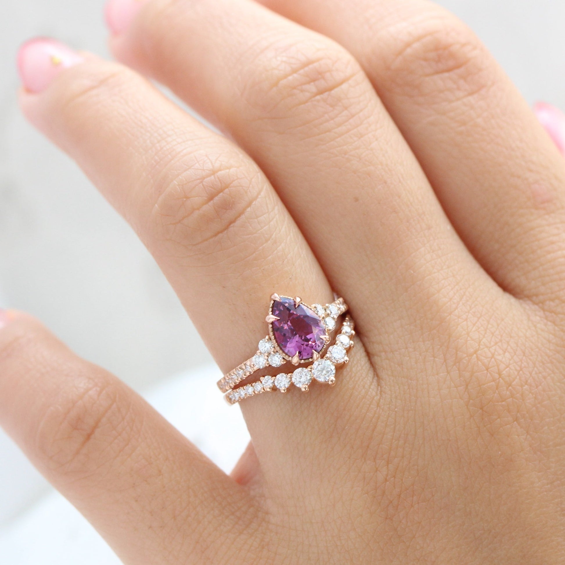 1.88 Ct. Pear Pinkish Purple Sapphire Ring in 14k Rose Gold Vintage 3 Diamond Band, Size 6.5