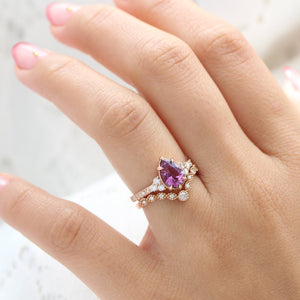 1.88 Ct. Pear Pinkish Purple Sapphire Ring in 14k Rose Gold Vintage 3 Diamond Band, Size 6.5