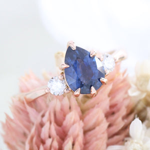 1.70 Ct Pear Blue Sapphire Ring in 14k Rose Gold 3 Stone Diamond Ring, Size 6