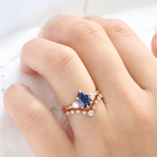 1.70 Ct Pear Blue Sapphire Ring in 14k Rose Gold 3 Stone Diamond Ring, Size 6