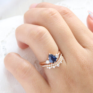 1.70 Ct Pear Blue Sapphire Ring in 14k Rose Gold 3 Stone Diamond Ring, Size 6