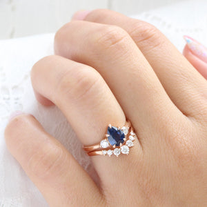 1.70 Ct Pear Blue Sapphire Ring in 14k Rose Gold 3 Stone Diamond Ring, Size 6