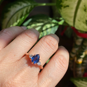 1.70 Ct Pear Blue Sapphire Ring in 14k Rose Gold 3 Stone Diamond Ring, Size 6