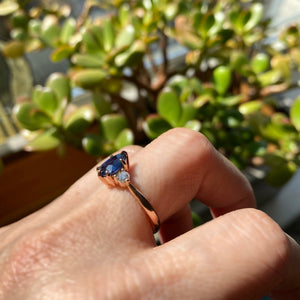 1.70 Ct Pear Blue Sapphire Ring in 14k Rose Gold 3 Stone Diamond Ring, Size 6